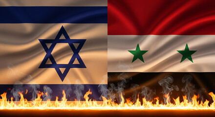 Split Composition Israel And Syria Fabric Flags With Fire Burning Across Bottom Edge Smoke Rising Dramatic Lighting JPG