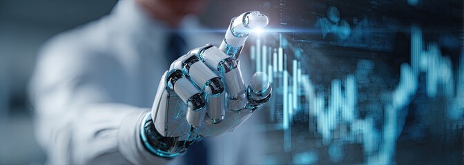 A robotic hand, part of a human arm, interacts with a digital interface displaying financial data.  A light-gray, mechanical arm manipulates a chart.  The background features hazy financial charts