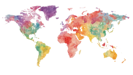 A vibrant watercolor depiction of the world map, showcasing continents in various colorful hues.