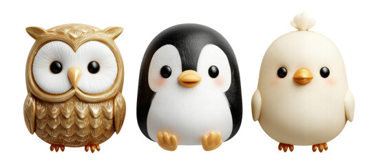 Fototapeta premium Cute Cartoon Figurines of Owl, Penguin, and Chick on White Background