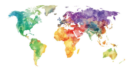 Watercolor world map illustration featuring continents painted with vibrant, blended colors on a white background.