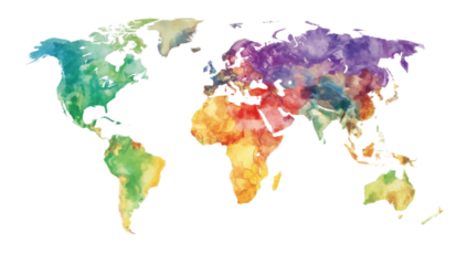 Watercolor world map illustration featuring continents painted with vibrant, blended colors on a white background.