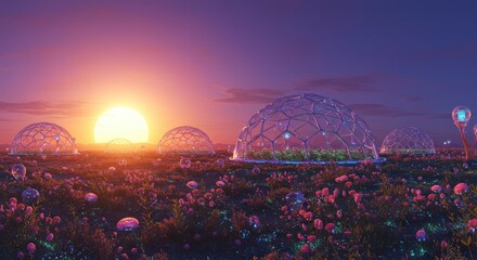 Photo of a vibrant alien landscape shows biodomes in a field of flowers, illuminated by a setting sun on a distant planet