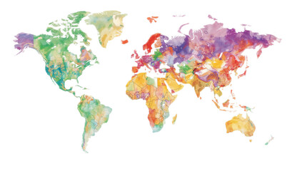 A colorful world map, illustrating different regions with varying shades and hues, likely representing geographical or environmental data.