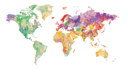 A colorful world map, illustrating different regions with varying shades and hues, likely representing geographical or environmental data.