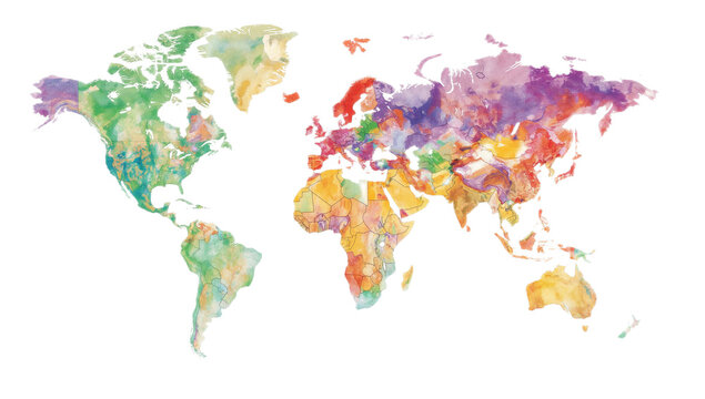 A colorful world map, illustrating different regions with varying shades and hues, likely representing geographical or environmental data.