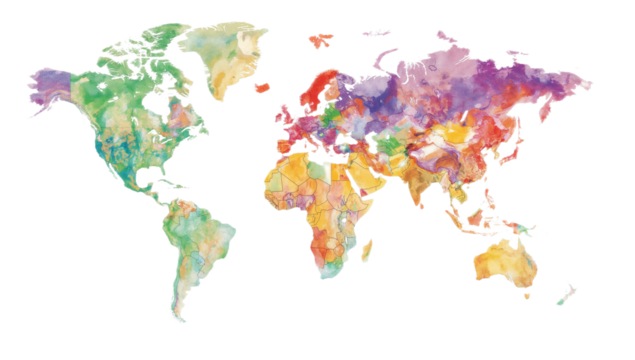 A colorful world map, illustrating different regions with varying shades and hues, likely representing geographical or environmental data.