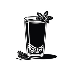 Black and white illustration of a refreshing drink with berries and mint