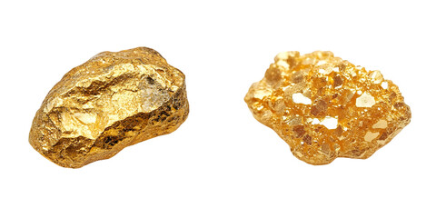 Close up of a bright gold nugget showing its rough texture and shiny appearance isolated on a transparent background