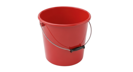 A classic red plastic bucket with a metal handle featuring a black grip is presented against a transparent background