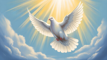 Stylized digital painting of dove flying with golden rays behind, spiritual Christian artwork