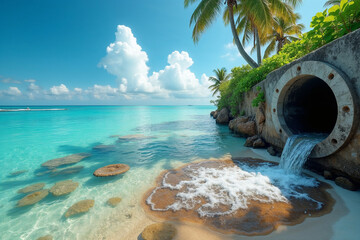 Fototapeta premium Tropical Beach Pollution: A Rusty Pipe Pouring Out Waste