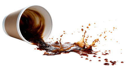 I spill coffee from a paper cup isolated on a white background