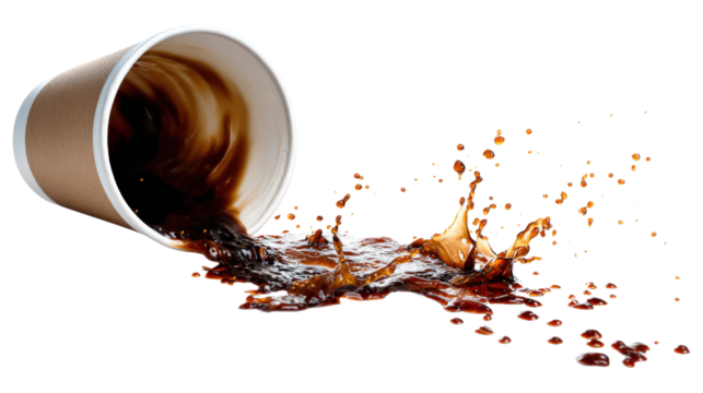 I spill coffee from a paper cup isolated on a white background