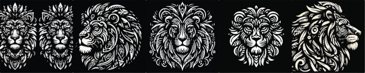 Fototapeta premium A lion drawn in a tribal style, full of curved lines, geometric patterns, and sharp ornamentation. Its symmetrical shape conveys a sense of strength and authority.