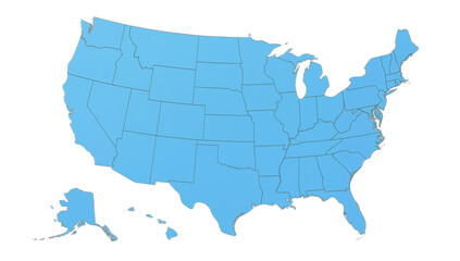 A simplified light-blue map of the United States, showing all fifty states and their borders.