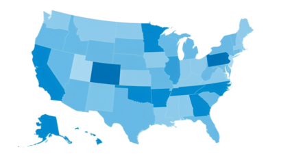 A stylized map of the United States, rendered in shades of blue, highlighting each state.