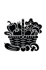 Black and white illustration of a basket overflowing with fresh vegetables