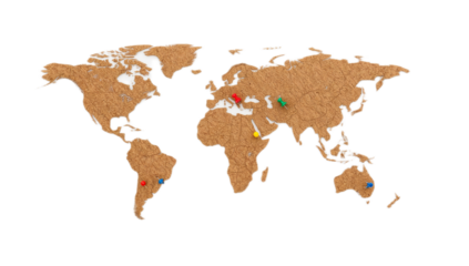 World map crafted from corkboard with colorful push pins marking various locations.