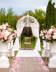Elegant outdoor wedding ceremony setup with white gazebo, aisle runner, and pink floral arrangements