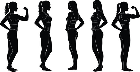 Female silhouette posture set, side view body language illustration, confident and relaxed poses, fitness stance, artistic reference, vector design for study
