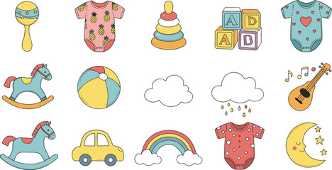 Baby and kids item icon set, colorful cartoon vector illustration, playful nursery design, toys, clothes, accessories for childhood, toddler, education use