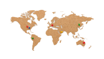 World map with colorful pushpins marking various locations.