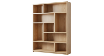 Modern Asymmetrical Wooden Bookshelf with Multiple Compartments for Home and Office Storage Solutions
