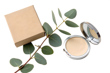 A gentle beauty array simple brown box, delicate eucalyptus branch, and an elegant compact powder, reflecting natural ingredients and mindful self-care