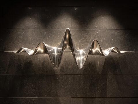 A wave-like metal sculpture against a dark stone wall.