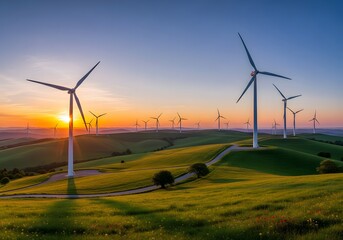 Wind turbines in the vast grasslands with golden orange light, renewable energy.