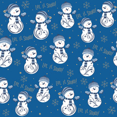 Seamless Pattern of Christmas Snowman with Snowflakes and Swirl on the body- Christmas Vector design 2026