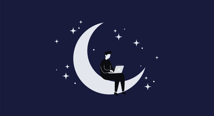 Businessman working on laptop on crescent moon at night