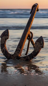 Rusty Anchor on Beach at Sunset with Waves and Golden Light.