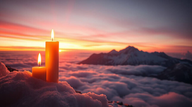 Candles light sunset mountain clouds sky flame burning wax peaceful remembrance hope memorial evening - Powered by Adobe