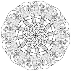 Outline mandala with blooming cacti, meditative coloring page with prickly houseplants