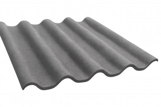 Gray corrugated fiber cement roof tile with wavy surface texture, showcasing architectural material detail against transparent background