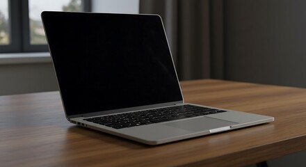 Fototapeta premium Modern laptop on desk in minimalist workspace, sharp focus, studio lighting, perfect composition, editorial style, no branding