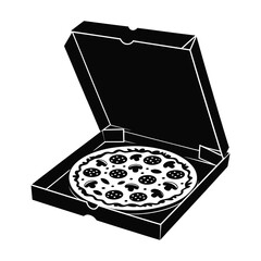 Black and white illustration of a pepperoni pizza in an open box