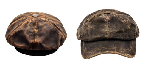 Brown vintage flat cap with worn texture isolated on a transparent background