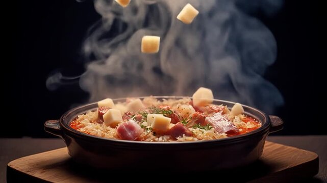 A steaming pot of flavorful rice garnished with diced ingredients, set against a dark background, creating an inviting atmosphere for culinary enthusiasts