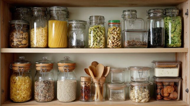 Kitchen pantry shelves organized with glass jars