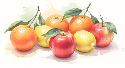 Vibrant Watercolor Painting of Apples, Oranges, and Lemons