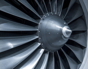 Close-up of a modern jet airplane engine turbine fan blades, showcasing advanced aerospace engineering and power.
