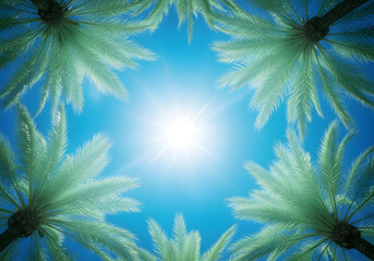 Looking up through palm trees at a bright sun in a clear blue sky