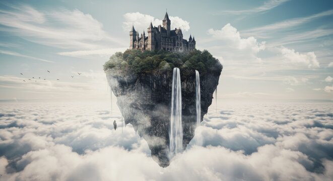 Fantasy Castle Atop Floating Island with Cascading Waterfalls Set Above an Ocean of Clouds Creating a Dreamlike Landscape