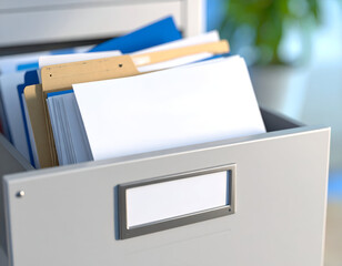 An open filing cabinet drawer neatly packed with various documents and folders, representing efficient office organization and essential record management.