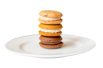 Stacked Macarons Delight: A tower of colorful macarons, each a bite-sized symphony of flavor and texture, rests elegantly on a pristine white plate, inviting indulgence and satisfying sweet cravings.