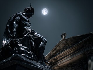 Dark statue of a mythical figure under a full moon.