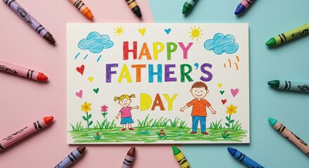 Happy Father's Day colorful greeting card with children drawings and crayons on light pink and blue background, celebrating family love
